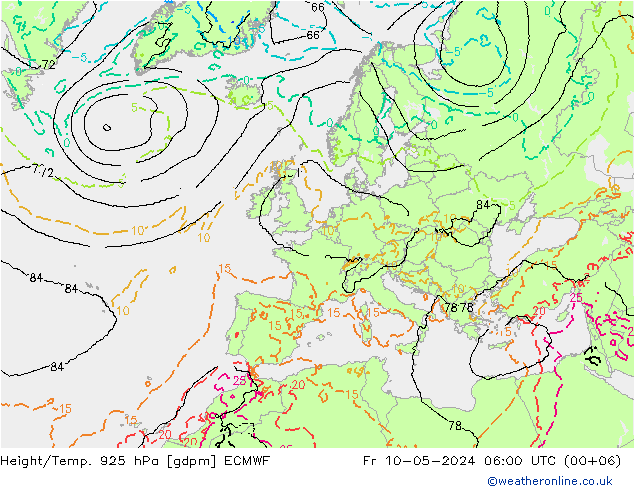 Hoogte/Temp. 925 hPa ECMWF vr 10.05.2024 06 UTC