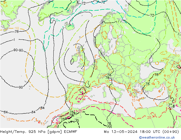 Height/Temp. 925 hPa ECMWF Mo 13.05.2024 18 UTC