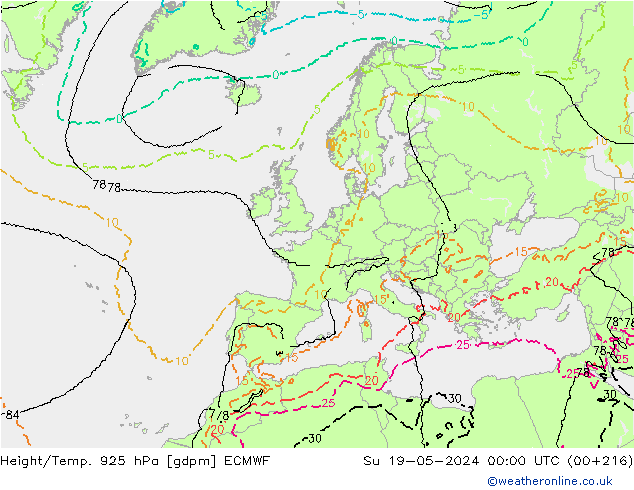 Height/Temp. 925 hPa ECMWF Dom 19.05.2024 00 UTC