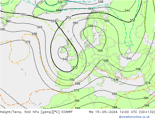 Height/Temp. 500 hPa ECMWF mer 15.05.2024 12 UTC