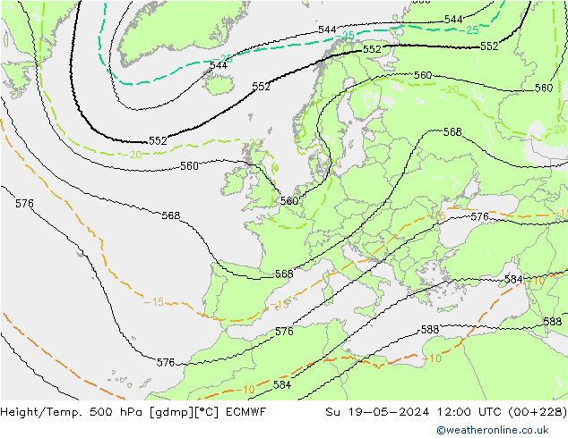 Hoogte/Temp. 500 hPa ECMWF zo 19.05.2024 12 UTC