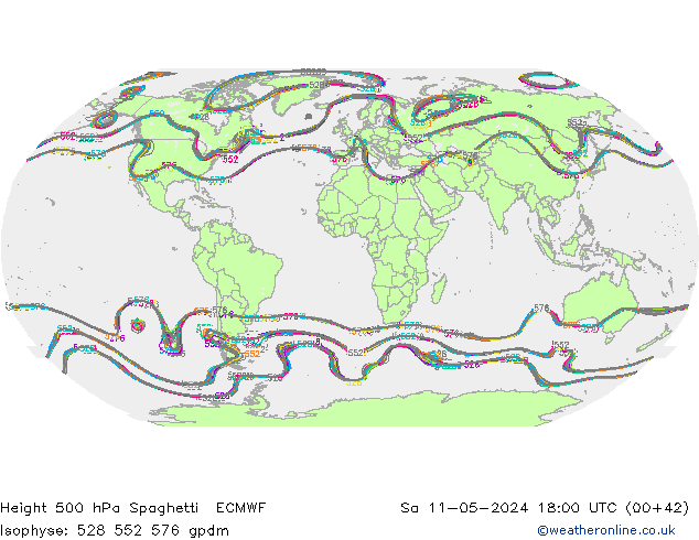 Height 500 hPa Spaghetti ECMWF Sáb 11.05.2024 18 UTC