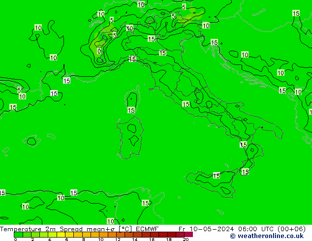 Temperaturkarte Spread ECMWF Fr 10.05.2024 06 UTC