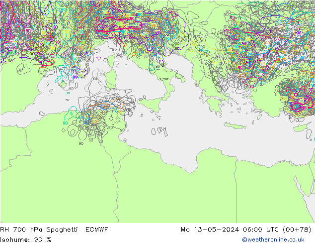 Humedad rel. 700hPa Spaghetti ECMWF lun 13.05.2024 06 UTC