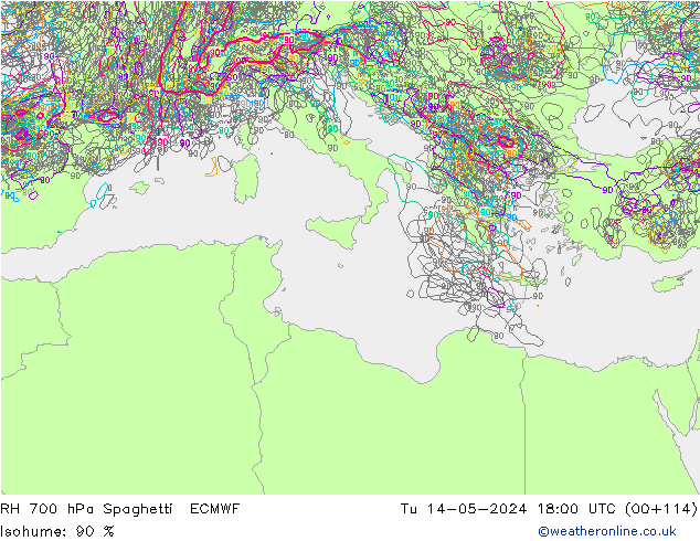 RH 700 hPa Spaghetti ECMWF Tu 14.05.2024 18 UTC