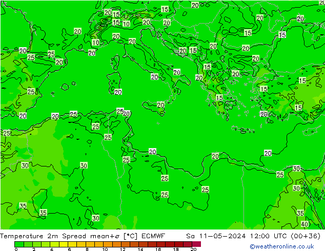 Temperature 2m Spread ECMWF Sa 11.05.2024 12 UTC