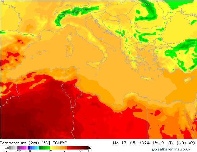 Temperature (2m) ECMWF Mo 13.05.2024 18 UTC