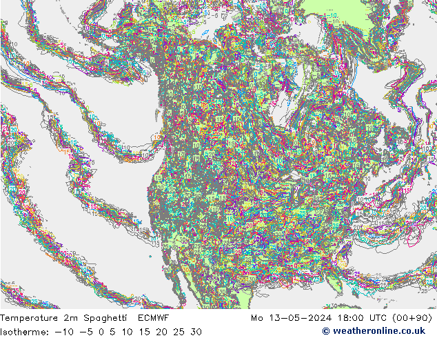 карта температуры Spaghetti ECMWF пн 13.05.2024 18 UTC