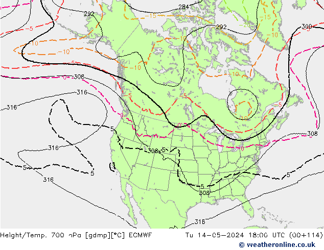 Height/Temp. 700 hPa ECMWF mar 14.05.2024 18 UTC