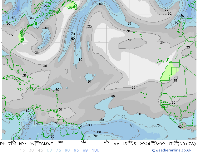 RH 700 hPa ECMWF Mo 13.05.2024 06 UTC