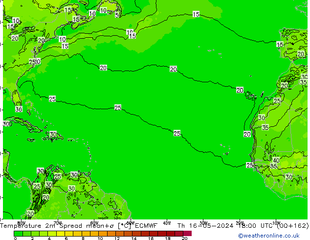 Temperature 2m Spread ECMWF Th 16.05.2024 18 UTC