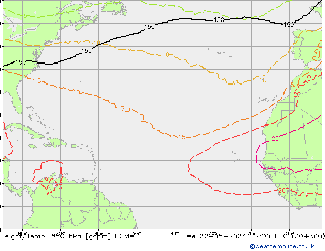 Height/Temp. 850 hPa ECMWF St 22.05.2024 12 UTC