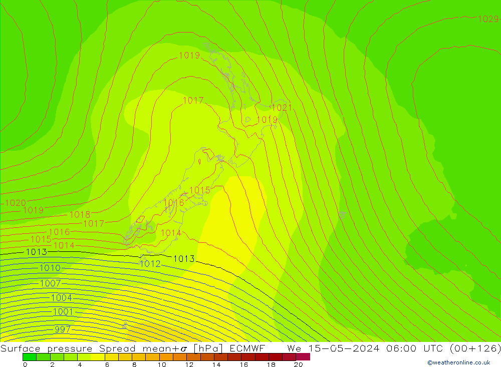 Luchtdruk op zeeniveau Spread ECMWF wo 15.05.2024 06 UTC