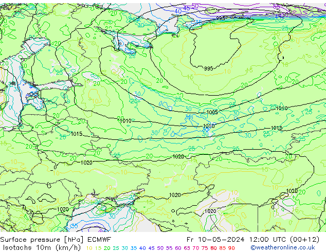 Isotachs (kph) ECMWF ven 10.05.2024 12 UTC