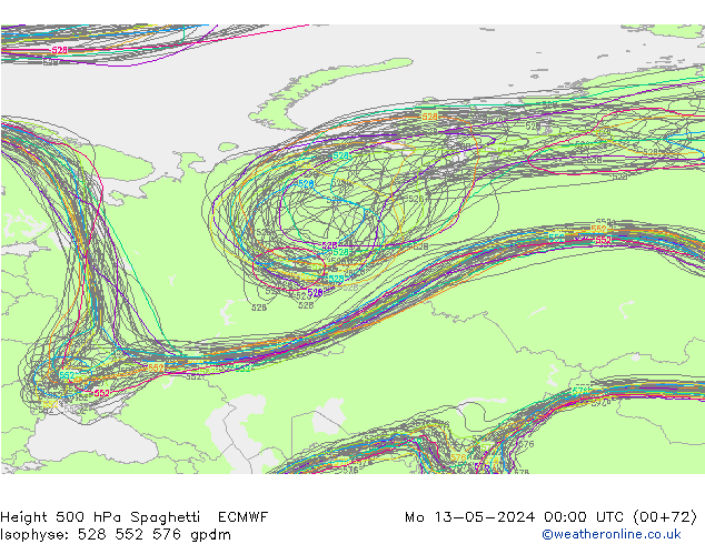 Height 500 hPa Spaghetti ECMWF Po 13.05.2024 00 UTC