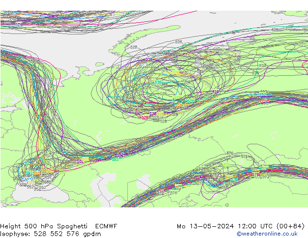 Hoogte 500 hPa Spaghetti ECMWF ma 13.05.2024 12 UTC