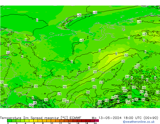 Sıcaklık Haritası 2m Spread ECMWF Pzt 13.05.2024 18 UTC