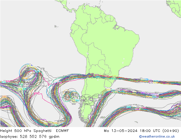 Height 500 hPa Spaghetti ECMWF lun 13.05.2024 18 UTC