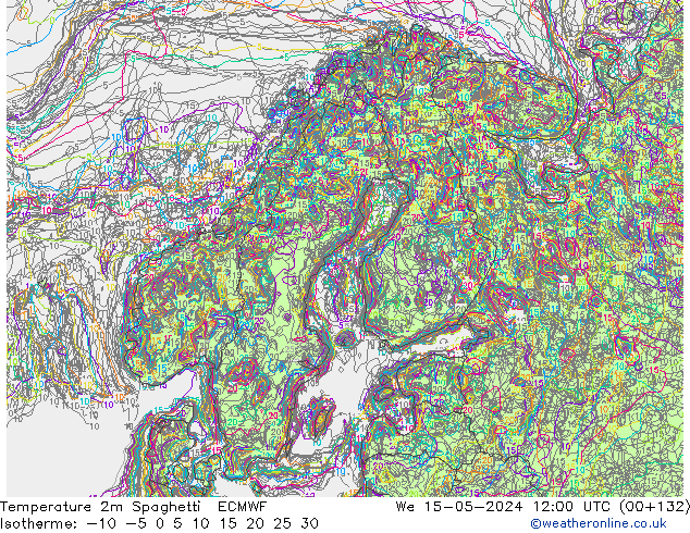 Temperatura 2m Spaghetti ECMWF mié 15.05.2024 12 UTC