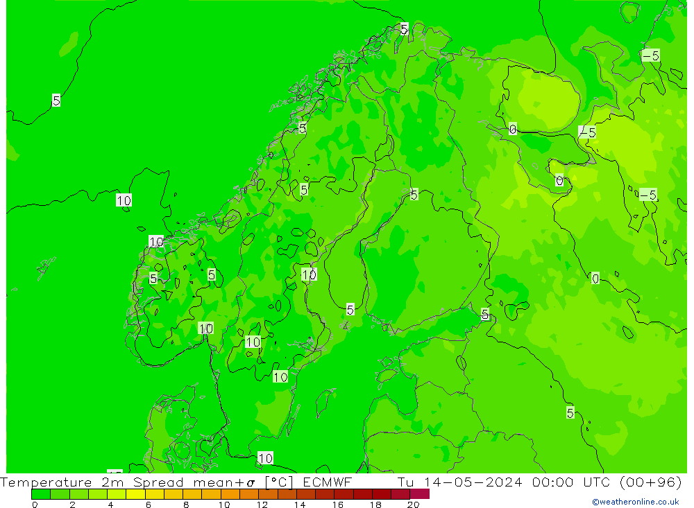 Temperature 2m Spread ECMWF Tu 14.05.2024 00 UTC