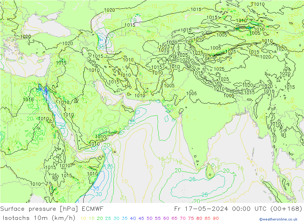 Isotachen (km/h) ECMWF vr 17.05.2024 00 UTC