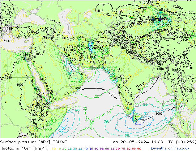 Izotacha (km/godz) ECMWF pon. 20.05.2024 12 UTC