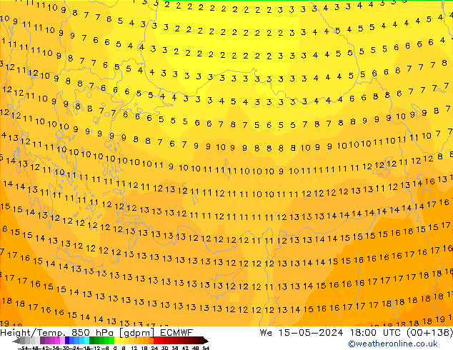 Height/Temp. 850 hPa ECMWF We 15.05.2024 18 UTC