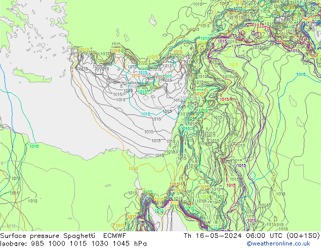 Surface pressure Spaghetti ECMWF Th 16.05.2024 06 UTC