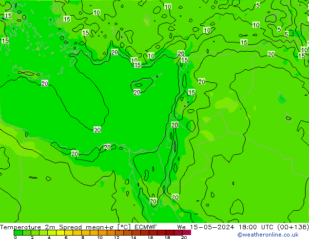 Temperatura 2m Spread ECMWF mié 15.05.2024 18 UTC