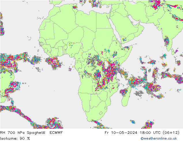 RH 700 hPa Spaghetti ECMWF ven 10.05.2024 18 UTC