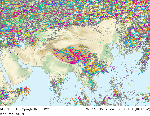RH 700 hPa Spaghetti ECMWF Qua 15.05.2024 18 UTC