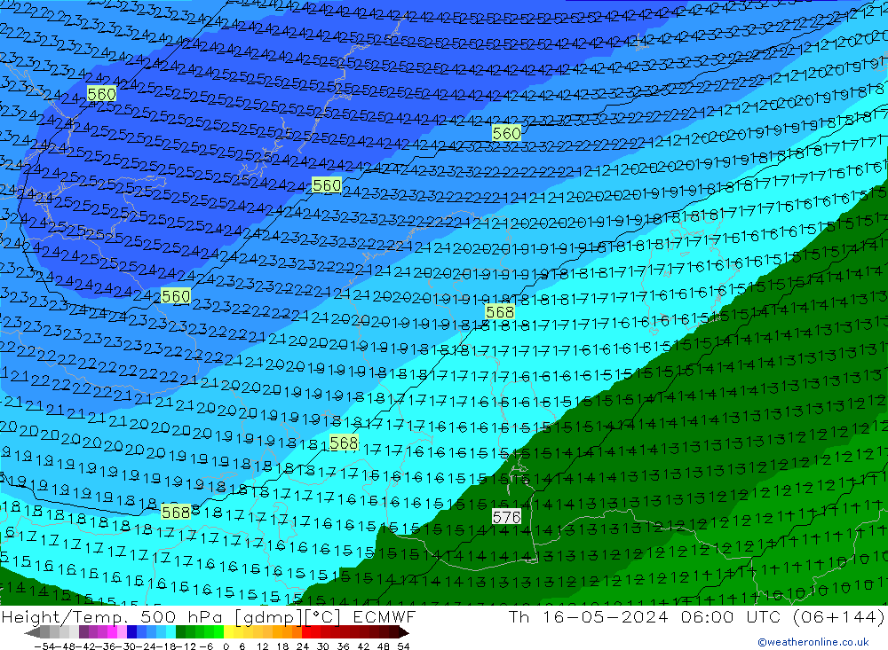 Height/Temp. 500 hPa ECMWF gio 16.05.2024 06 UTC