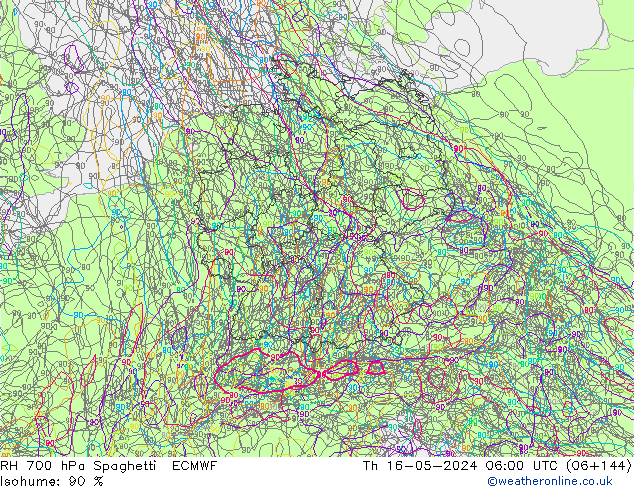 RH 700 hPa Spaghetti ECMWF Qui 16.05.2024 06 UTC