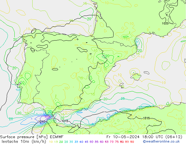 Isotachs (kph) ECMWF Fr 10.05.2024 18 UTC
