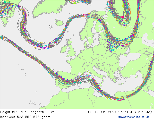 Height 500 hPa Spaghetti ECMWF dom 12.05.2024 06 UTC