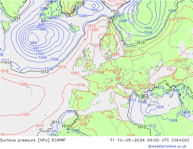 Presión superficial ECMWF vie 10.05.2024 06 UTC