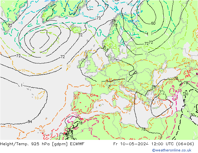 Height/Temp. 925 hPa ECMWF Fr 10.05.2024 12 UTC