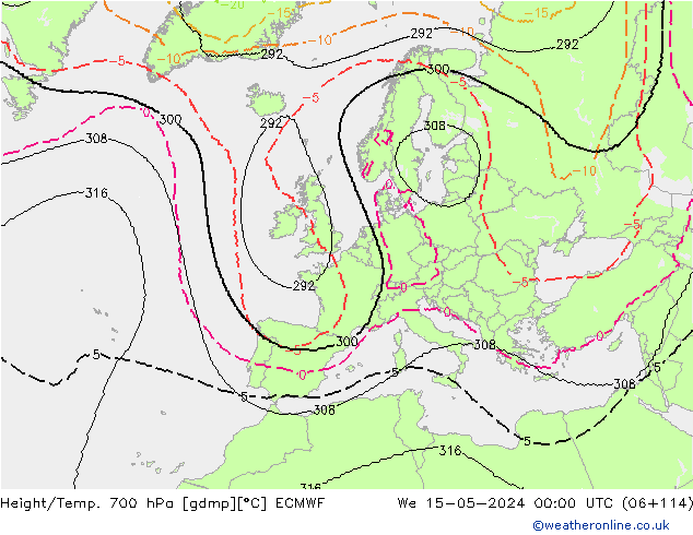 Géop./Temp. 700 hPa ECMWF mer 15.05.2024 00 UTC