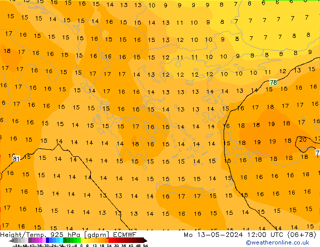 Yükseklik/Sıc. 925 hPa ECMWF Pzt 13.05.2024 12 UTC