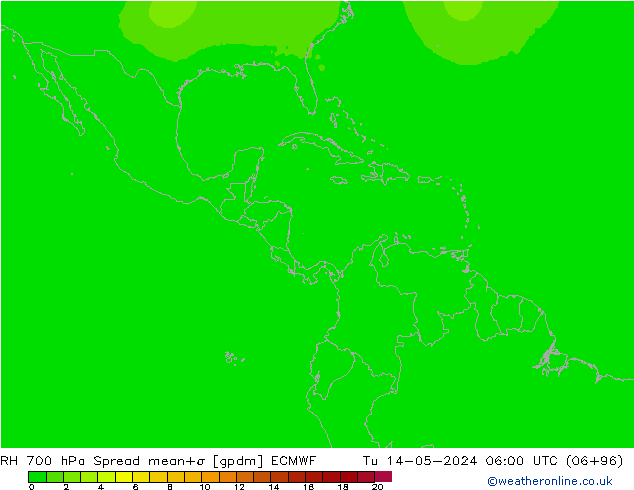 Humedad rel. 700hPa Spread ECMWF mar 14.05.2024 06 UTC