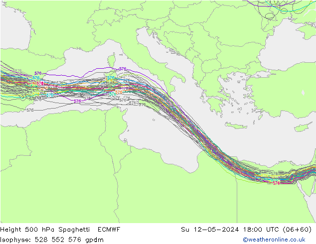 Height 500 hPa Spaghetti ECMWF Su 12.05.2024 18 UTC