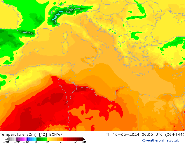 Temperatura (2m) ECMWF gio 16.05.2024 06 UTC