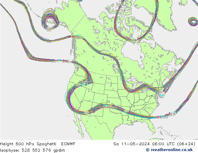 Height 500 hPa Spaghetti ECMWF 星期六 11.05.2024 06 UTC