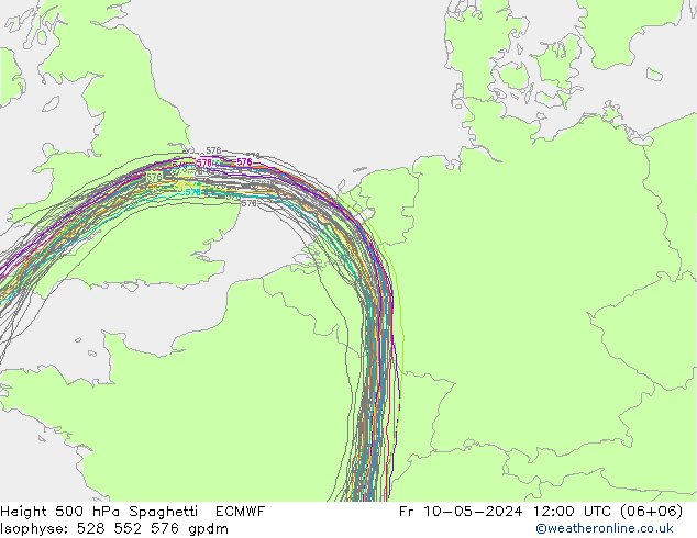 Height 500 hPa Spaghetti ECMWF Pá 10.05.2024 12 UTC
