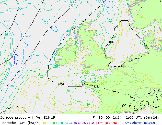 Izotacha (km/godz) ECMWF pt. 10.05.2024 12 UTC
