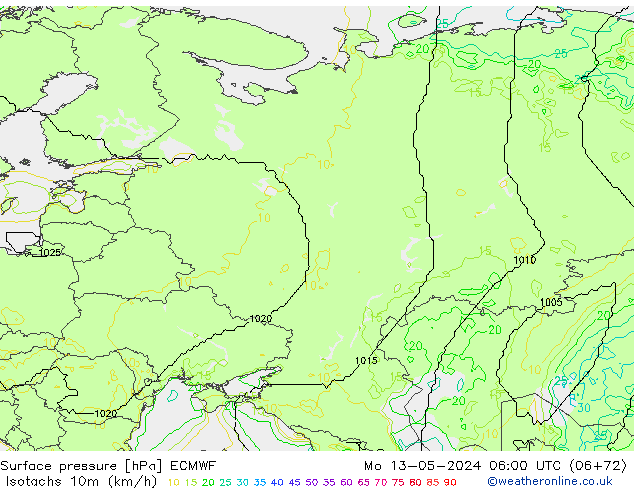Isotachs (kph) ECMWF Mo 13.05.2024 06 UTC