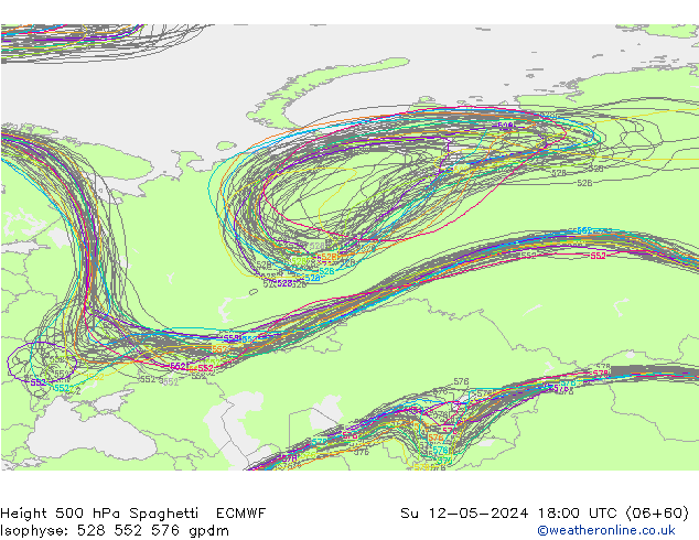 Geop. 500 hPa Spaghetti ECMWF dom 12.05.2024 18 UTC