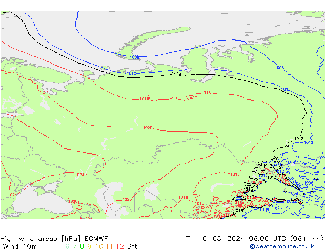 High wind areas ECMWF Th 16.05.2024 06 UTC