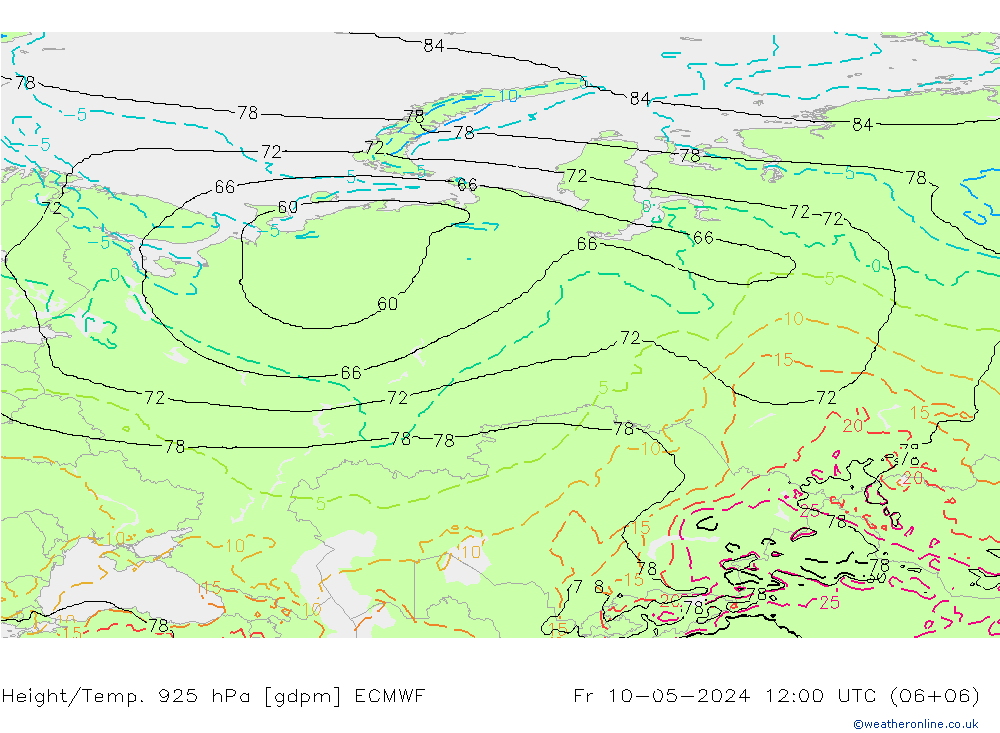 Hoogte/Temp. 925 hPa ECMWF vr 10.05.2024 12 UTC