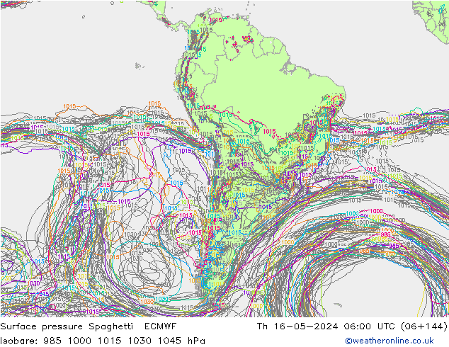 pressão do solo Spaghetti ECMWF Qui 16.05.2024 06 UTC
